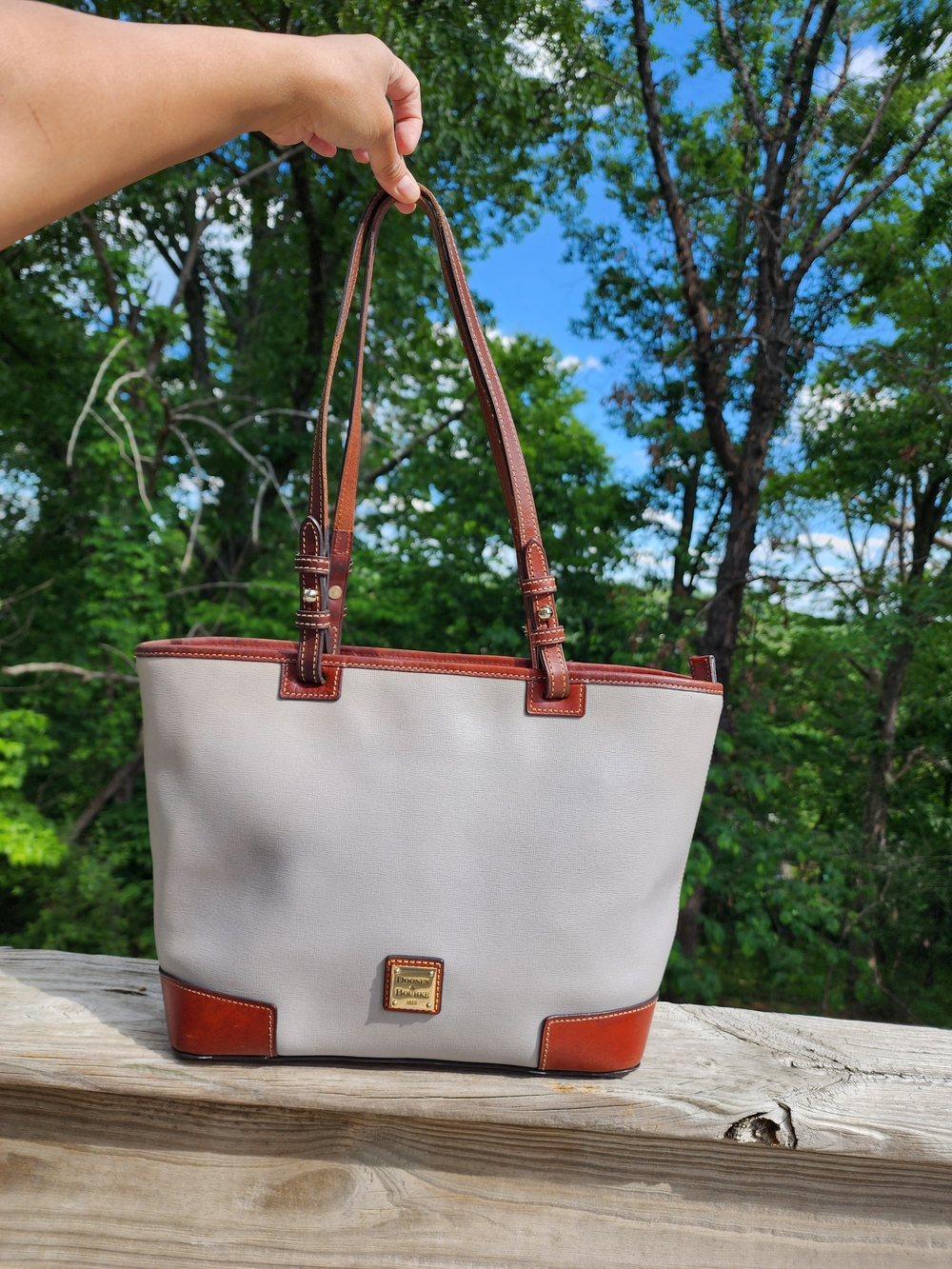 Dooney & Bourke Large Light Gray Tote with Brown Leather Trim